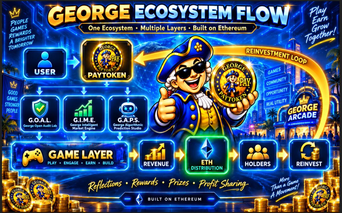 GEORGE_FOC's tweet photo. 🚨 GEORGE ECOSYSTEM FLOW

This is the bigger picture behind George.

One Ecosystem. Multiple Layers. Built on Ethereum.

From PAYTOKEN and DividendTrackert to user participation, the ecosystem expands through:

🛡️ G.O.A.L. |  George Open Audit Lab
📈 G.I.M.E.  | George Intelligent Market Engine
🤖 G.A.P.S. | George Algorithmic Prediction Studio

These layers connect into the Game Layer, helping power:

 •  Play
 •  Engage
 •  Earn
 •  Build

That activity supports the broader flow:

Revenue → ETH Distribution → Holders → Reinvest → Ecosystem Growth

This is the vision:
a connected model where tools, utility, gaming, rewards, and community participation work together around one ecosystem.

Reflections • Rewards • Prizes • Profit Sharing

PARTICIPATE:
https://t.co/C9zc2NfeNB
EXPLORE:
https://t.co/x3DblscDOf

"George is building more than a token.
It’s building an ecosystem designed to grow, reward, and reinvest."

#georgeFOC #LevelUP #GameFi #Web3Gaming #presale #GIME #GOAL #GAPS #DeFi #Web3 #GGG