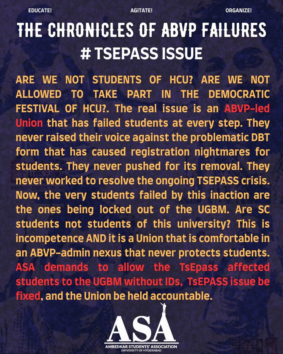 ASA_HCU's tweet photo. THE CHRONICLES OF ABVP FAILURES
#TSEPASS ISSUE
Are the TSEPASS holders not the students of HCU?
If they're not allowed to do semester registration, how will they get ID cards?
Without ID cards they can't participate in UGBM
Shame on ABVP led Students Union https://t.co/fAzzqqWswB