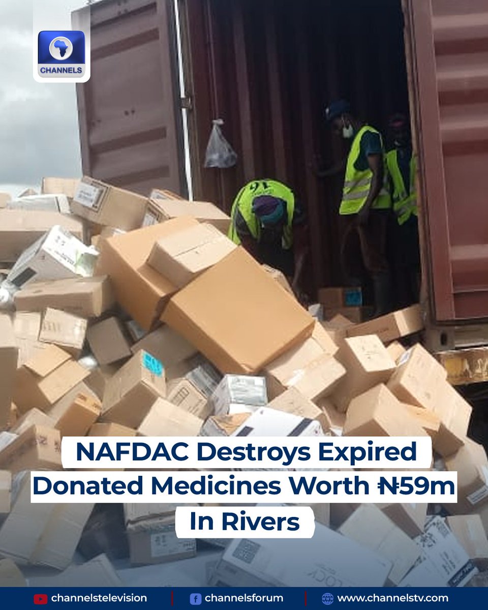 channelstv's tweet photo. NAFDAC has destroyed ₦59 million worth of expired donated medicines at a dump site in Port Harcourt, Rivers State.

Shipped from the US, the consignment contained antidepressants, anti-ulcer, and hypertension drugs.

https://t.co/yItcJpYHbQ https://t.co/wYzINSKwRo