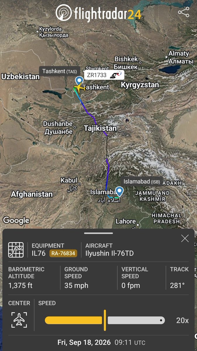 Borrowed7Time's tweet photo. Aviacon Zitotrans IL-76TD RA-76834 #152C22 as AZS1733 flew Islamabad> Tashkent, landing 0907z.
@sipjack1776 @LadyAstroJet https://t.co/mKfhvoOytB
