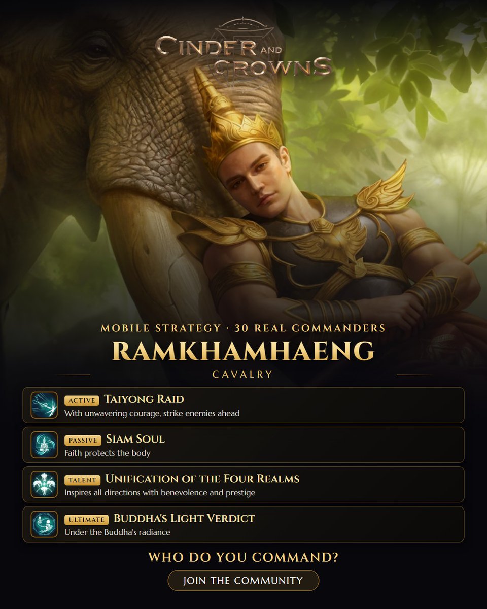 CinderNCrowns's tweet photo. Ramkhamhaeng · Cavalry — Launches a surprise attack on the target with sincere courage Join us 👉 https://t.co/ZelSeeevGs #CinderCrowns #StrategyGames https://t.co/RFmEs2CYxW