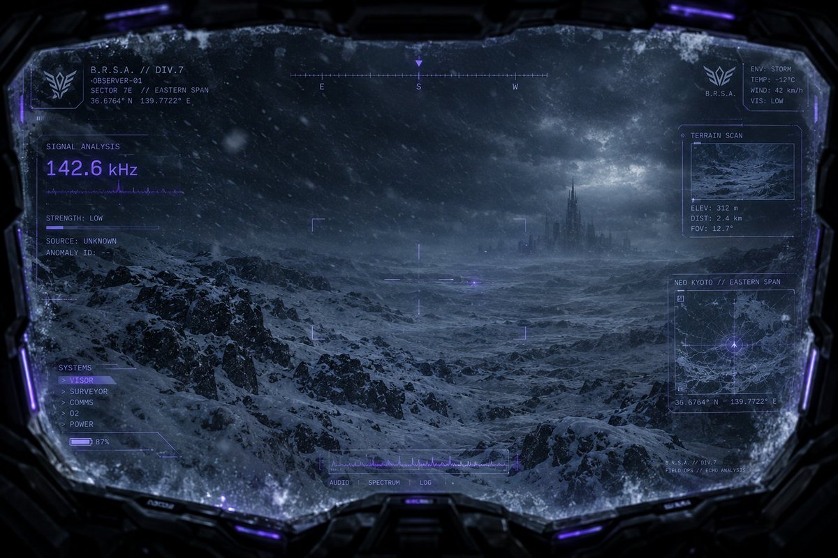 VaporEcho's tweet photo. OBSERVER-01 // VISOR LOG

Eastern Span.

Signal acquired.

142.6 kHz

SOURCE: UNKNOWN

Nothing visible.

But it’s there.

No Signal. Only Echo.

#Signalpunk #NeoKyoto #VaporEcho #SciFi #Worldbuilding #ConceptArt #Cyberpunk #Observer01 https://t.co/hboYUdiqJ6