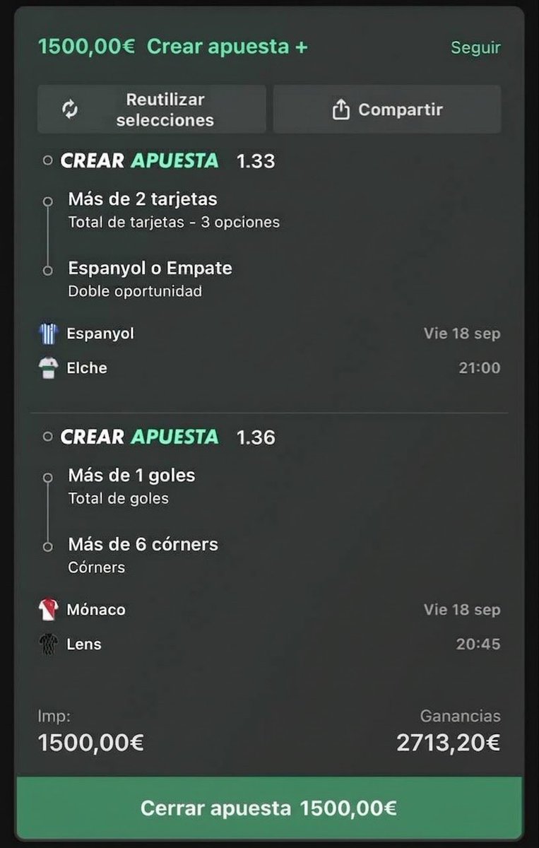 CazaBets's tweet photo. ⚽ Doble Crear Apuesta | Viernes 🇪🇸🇫🇷
🇪🇸 Espanyol vs Elche: 1X + Más de 2 tarjetas
🇫🇷 Mónaco vs Lens: Más de 1 gol + Más de 6 córners  
📊 Cuota Total: 1.82
💰Stake: 2/10  
Combinación de líneas muy reducidas y protegidas. 🟢🔥Más en Telegram👇🏼
#ApuestasDeportivas #LaLiga #Ligue1 https://t.co/sgAl7IT6us