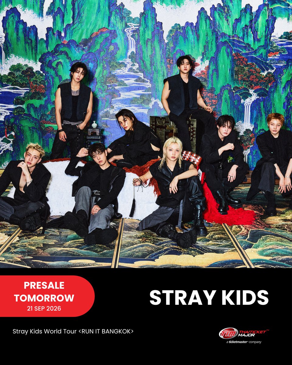 ThaiTicketMajor's tweet photo. CONCERT : Stray Kids บอยกรุ๊ปตัวท็อปหนึ่งในศิลปินที่ทรงอิทธิพลที่สุดของวงการเพลงระดับโลก เริ่มขายบัตรพรีเซลพรุ่งนี้ 21 ก.ย. ❤️‍🔥

Stray Kids World Tour <RUN IT BANGKOK> 

📆วันที่แสดง : วันเสาร์ที่ 16 และ วันอาทิตย์ที่ 17 มกราคม 2570
📍สถานที่แสดง : อิมแพ็ค อารีน่า 
⏰เวลาแสดง : 17.00 น.
💰ราคาบัตร 
VIP บัตรนั่ง: 6,900 บาท
VIP บัตรยืน: 6,800 บาท
บัตรยืน โซน STL/STR: 5,300 บาท
บัตรนั่ง: 3,000 – 6,500 บาท
🗓️วันเปิดจำหน่ายบัตร 
STAY 6TH GENERATION PRESALE : วันจันทร์ที่ 21 กันยายน 2569 (10:00 - 22:00 น.)
LIVE NATION TERO PRESALE :  วันอังคารที่ 22 กันยายน 2569 (10:00 - 22:00 น.)
PUBLIC SALE :  วันพุธที่ 23 กันยายน 2569 (10:00 น. เป็นต้นไป)
🎫รายละเอียดจำหน่ายบัตร : https://t.co/xKMaF31k7g
☎️TTM Call Center 02-262-3456

#StrayKids #스트레이키즈 #RUN_IT #YouMakeStrayKidsStay #RUN_IT_BANGKOK #RUN_IT_ASIA #Thaiticketmajor #TicketMasterTH