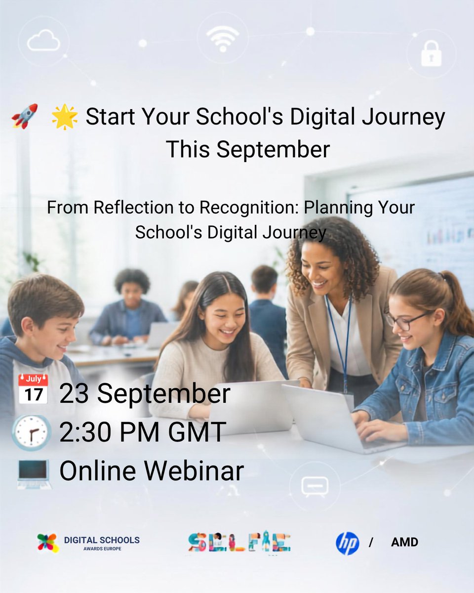 Schools_Digital's tweet photo. ⏰ Coming up next week!
Is your school ready to take the next step on its digital journey?
Join us on Wednesday, 23 September at 2:30 PM GMT for:
🌟 From Reflection to Recognition: Planning Your School’s Digital Journey
Our practical SELFIE for Schools webinar, delivered with the European Commission’s SELFIE team, will share real examples and practical ideas to help schools turn reflection into action.

💡 Discover. Reflect. Plan. Take action.

📅 23 September | 2:30 PM GMT
💻 Online
👉 Register now and join us next week  https://t.co/RUf2Vb3iBz