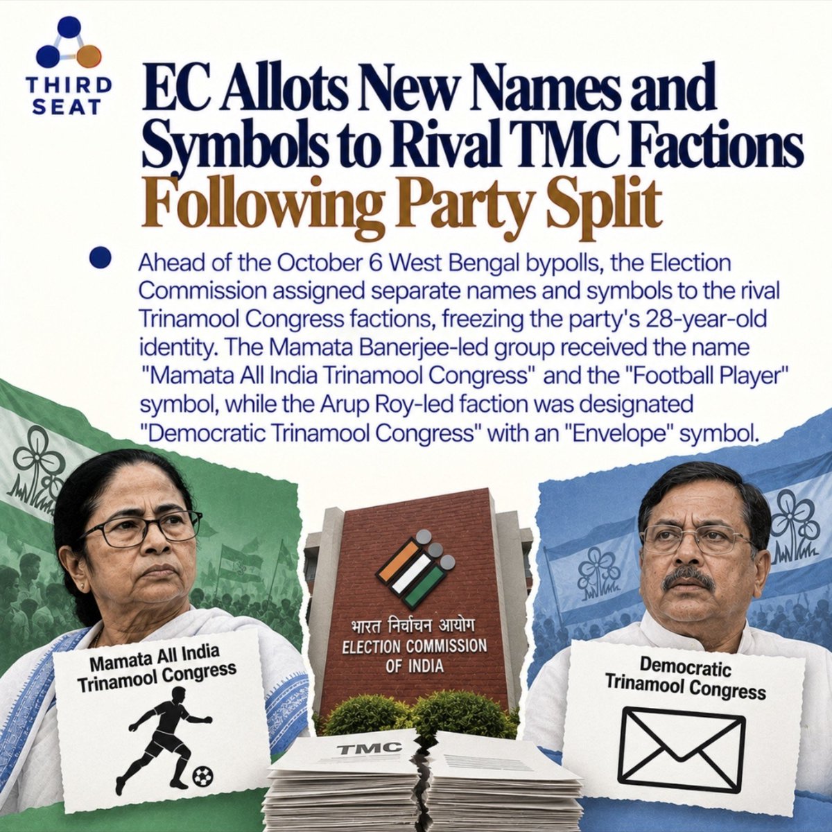 ThirdSeat_org's tweet photo. EC Allots New Names and Symbols to Mamata Banerjee and Arup Roy Factions.
@AITCofficial @MamataOfficial @ECISVEEP @RitabrataBanerj
#TMCsplit #ElectionCommission #MamataBanerjee #ArupRoy #WestBengal https://t.co/TB646lH8NH