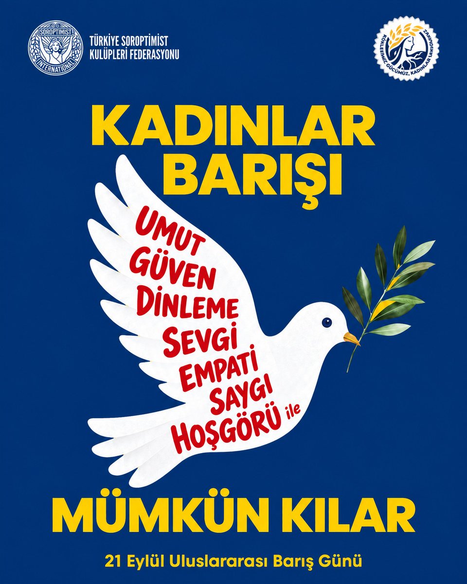 Soroptimist_tr's tweet photo. 21 Eylül Uluslararası Barış Günü’nde, farklılıklarımızı ayrışmanın değil zenginleşmenin kaynağı olarak gören; şiddetin yerine diyaloğu, umutsuzluğun yerine umudu, eşitsizliğin yerine adaleti koyan bir gelecek için çağrımızı yineliyoruz.

Kadınlar barışı mümkün kılar. https://t.co/3PyiiaZU7b