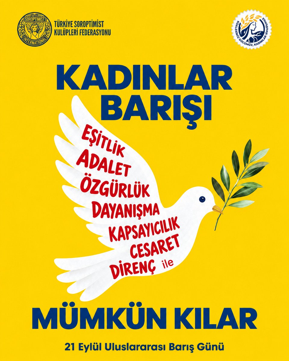 Soroptimist_tr's tweet photo. 21 Eylül Uluslararası Barış Günü’nde, farklılıklarımızı ayrışmanın değil zenginleşmenin kaynağı olarak gören; şiddetin yerine diyaloğu, umutsuzluğun yerine umudu, eşitsizliğin yerine adaleti koyan bir gelecek için çağrımızı yineliyoruz.

Kadınlar barışı mümkün kılar. https://t.co/3PyiiaZU7b