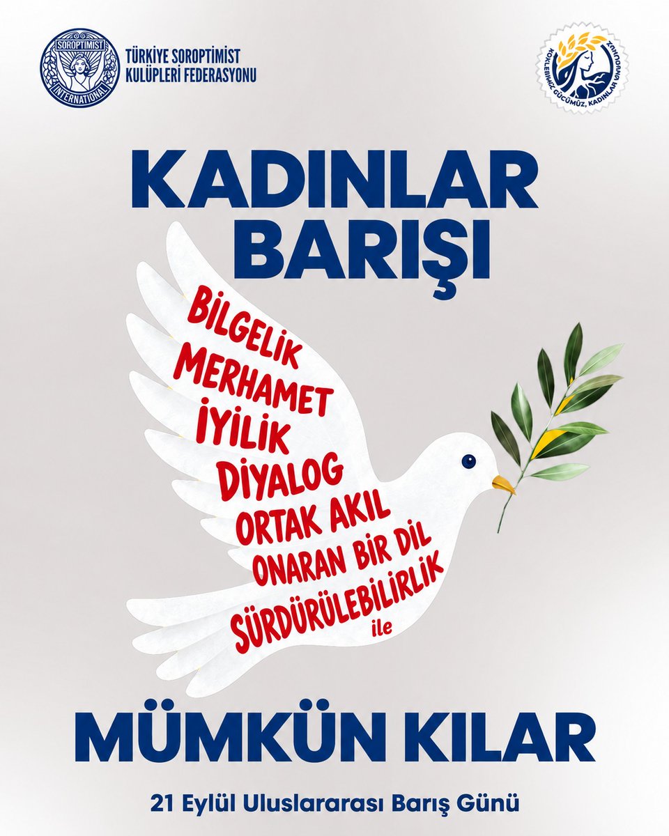 Soroptimist_tr's tweet photo. 21 Eylül Uluslararası Barış Günü’nde, farklılıklarımızı ayrışmanın değil zenginleşmenin kaynağı olarak gören; şiddetin yerine diyaloğu, umutsuzluğun yerine umudu, eşitsizliğin yerine adaleti koyan bir gelecek için çağrımızı yineliyoruz.

Kadınlar barışı mümkün kılar. https://t.co/3PyiiaZU7b