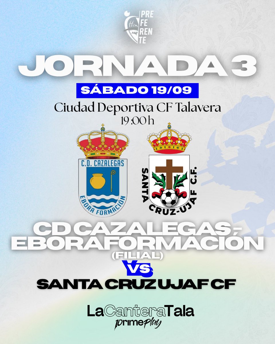 CanteraCFT's tweet photo. 💙 ¡𝑷𝑹𝑶́𝑿𝑰𝑴𝑶 𝑷𝑨𝑹𝑻𝑰𝑫𝑶 𝑫𝑬𝑳 𝑭𝑰𝑳𝑰𝑨𝑳! 🤍

🆚 Santa Cruz Ujaf CF
🏟️ Ciudad Deportiva CF Talavera
📅 Sábado, 19 de septiembre 
⏰ 19:00 h 

💙¡Forza Tala!🤍 

#CanteraTala #ForzaTala https://t.co/weZ2WHW6Qs