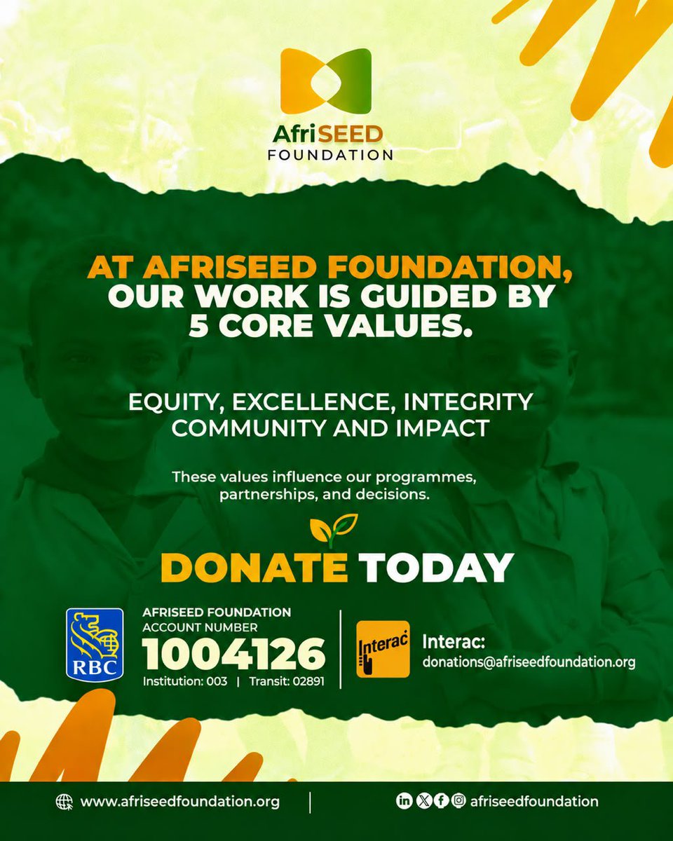 AfriSeed's tweet photo. What do we stand for?

Equity. Excellence. Integrity. Community. Impact.

As we build, these values will remain at the centre of the work we do and the people we serve. https://t.co/kYbwzFUWvL