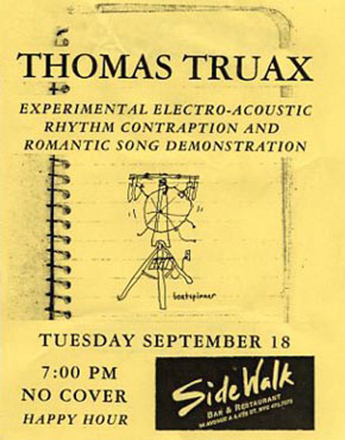 thomastruax's tweet photo. 25 Years ago today(!)
I played my first-ever ‘solo’ gig in NYC in the back room of the old Sidewalk Café. Solo, except that I was joined by my new self-made band mates The Hornicator and the Cadillac Beatspinner Wheel. Time flies #kineticart #drummachine https://t.co/PAOXGDHQEO