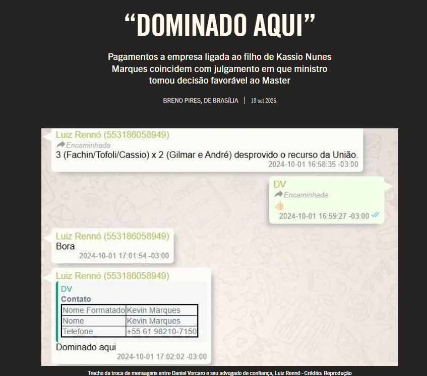 brenopires's tweet photo. Exclusivo: pagamentos que o próprio Master associou ao filho de Kassio Nunes Marques coincidem com julgamento em que ministro tomou decisão com impacto bilionário para negócios de Daniel Vorcaro. "500 mil mês". Na @revistapiaui 

Leia no link: https://t.co/WHCDXonAbb https://t.co/bzz38czVxS