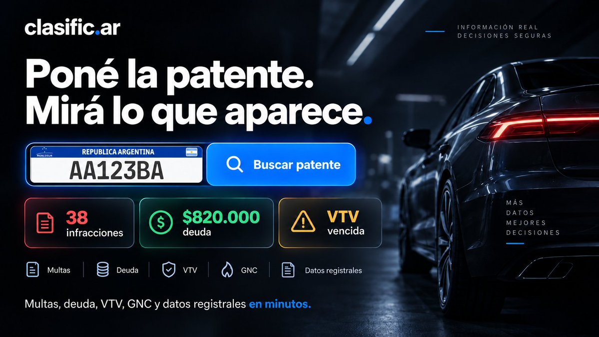 CodigoMate's tweet photo. ¿Estás por comprar un usado?

Poné la patente y revisá multas, deuda, VTV/RTO, GNC y datos registrales en un solo lugar.

Mejor enterarte antes de transferir.