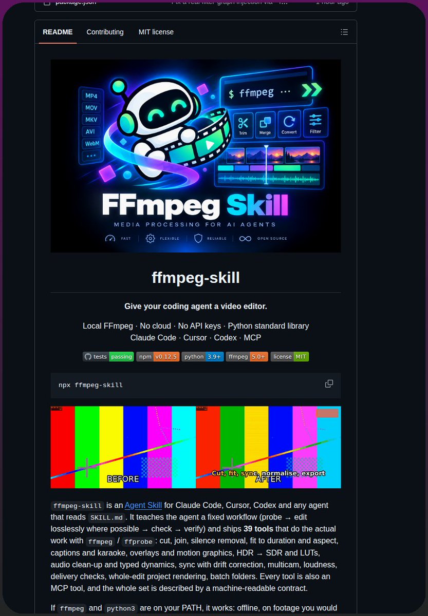 Claude Code, Cursor, Codex와 같은 AI 코딩 에이전트를 사용하여 39개의 FFmpeg 기반 도구로 로컬에서 비디오 파일 대표 이미지