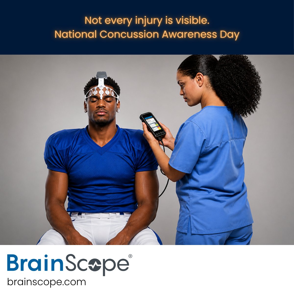 BrainScope's tweet photo. Every #concussion story needs a hero. Ours works quietly, giving clinicians an FDA-cleared, objective EEG-based data point in minutes, so "how do you feel?" isn't the only tool they've got. National #ConcussionAwarenessDay is Sept. 18. https://t.co/oMVk3DCIJX #TBI https://t.co/Qpdr4sGI5V