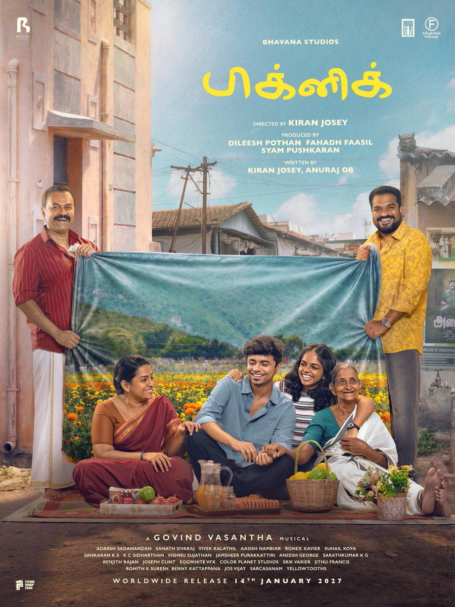 BhavanaStudios's tweet photo. After the most loved Premalu and BKU , Bhavana Studios with immense happiness would like to announce our next movie titled " PICNIC " ✨

Directed by debutant Kiran Josey , the Co-Writer of Premalu and BKU, this Family Comedy Drama is set for a worldwide theatrical release on 14th January 2027 in Malayalam, Tamil, Telugu and Kannada!

Producers : Dileesh Pothan, Fahadh Faasil, Syam Pushkaran
Writers : Kiran Josey, Anuraj OB
Music : Govind Vasantha
DOP : Adarsh Sadanandan
Editor : Sanath Sivaraj
Art : Vivek Kalathil
Costume : Aashish Nambiar
Make Up : Ronex Xavier

@iDileeshPothan @SBbySSK @FutureRunup

#PicnicMovie #BhavanaStudios #SandeepPradeep #IndrajithSukumaran #DileeshPothan #FahadFaasil