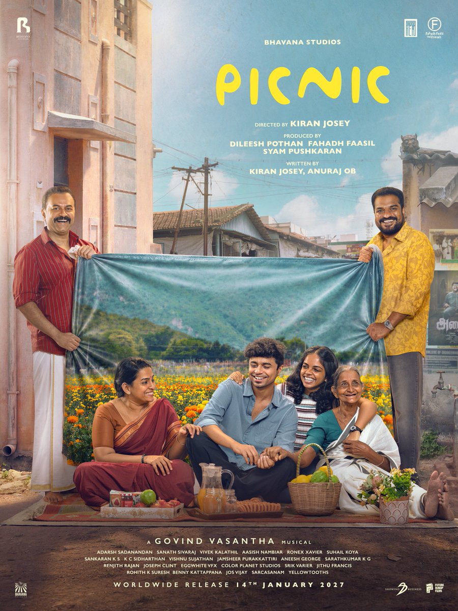 BhavanaStudios's tweet photo. After the most loved Premalu and BKU , Bhavana Studios with immense happiness would like to announce our next movie titled " PICNIC " ✨

Directed by debutant Kiran Josey , the Co-Writer of Premalu and BKU, this Family Comedy Drama is set for a worldwide theatrical release on 14th January 2027 in Malayalam, Tamil, Telugu and Kannada!

Producers : Dileesh Pothan, Fahadh Faasil, Syam Pushkaran
Writers : Kiran Josey, Anuraj OB
Music : Govind Vasantha
DOP : Adarsh Sadanandan
Editor : Sanath Sivaraj
Art : Vivek Kalathil
Costume : Aashish Nambiar
Make Up : Ronex Xavier

@iDileeshPothan @SBbySSK @FutureRunup

#PicnicMovie #BhavanaStudios #SandeepPradeep #IndrajithSukumaran #DileeshPothan #FahadFaasil