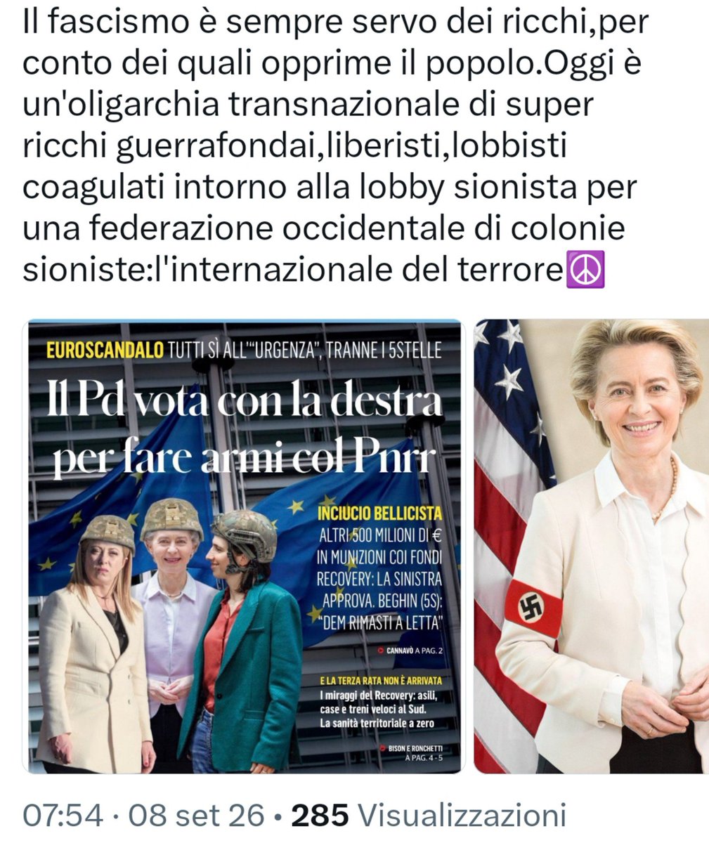 LauraFoschi6's tweet photo. @togreco Le esternazioni sulla #diserzione di @VirginiaLibero sono state immediatamente ridimensionate.
La loro valenza si riduce ad una proiezione di dualismo a #scopi #elettorali per un #PD #fascio-#sionista e #guerrafondaio,ormai noto come #partito del #riarmo.
#Virginia #Libero
🇮🇹🇵🇸☮️ https://t.co/nOarIKnX6M