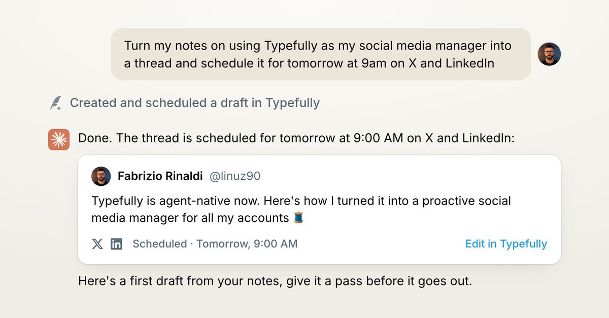 typefully's tweet photo. Once connected, just ask.

Claude can draft from your notes, and schedule posts across every account in your workspace.

It can also pull your analytics, and work through comments on drafts.

It's like having your own social media manager. https://t.co/qOLPwEZm7m