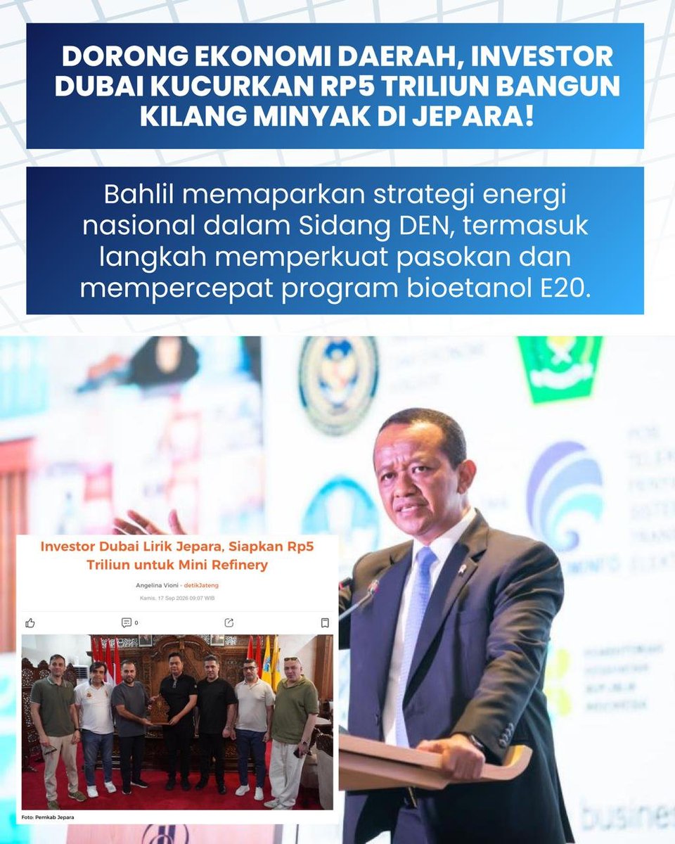 BeritaUnit's tweet photo. Investasi mini refinery di Jepara berpotensi membuka aktivitas ekonomi baru sekaligus mendukung pemenuhan kebutuhan energi Jawa Tengah. Investor asal Dubai menyiapkan nilai investasi sekitar Rp5 triliun untuk proyek tersebut.

#berita #darirakyatuntukenergi #bahlillahadalia #esdm https://t.co/YCxeZUtzSn