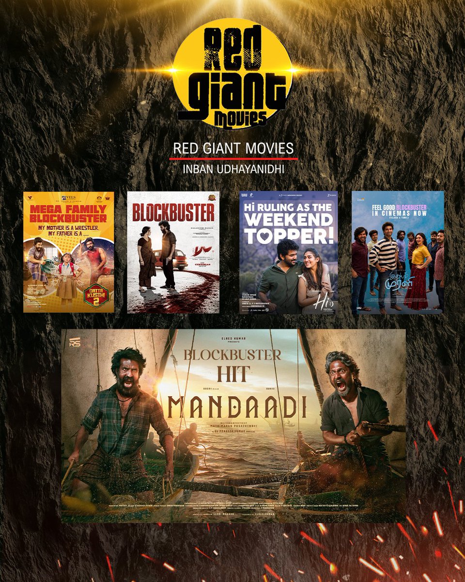 RedGiantMovies_'s tweet photo. Five releases. One remarkable wave of success. 🔥
The journey continues with every story, every celebration.
@RedGiantMovies_ is proud to bring them to theatres across Tamil Nadu. ❤️‍🔥

#RedGiantMovies @Inban_U #Mandaadi #HiMovie #DCMovie #IdhayamMurali #GattaKusthi2 https://t.co/nZnCPfCZAY