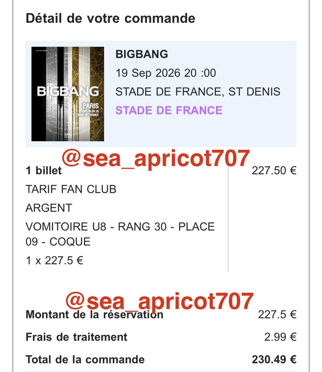 sea_apricot707's tweet photo. #WTS BIGBANG in PARIS SATURDAY 19th Sept

My friend got me a setting next to her so I’m selling mine ^^

📍BIGBANG WORLD TOUR - PARIS, Stade de France 
📆 September 19th 2026
🎟️ Seat ARGENT
💵 200€

DM me if you’re interested ☺️

#BIGBANG #PARIS #WORLDTOUR #GDRAGON2026 https://t.co/iKtFlR5UnM