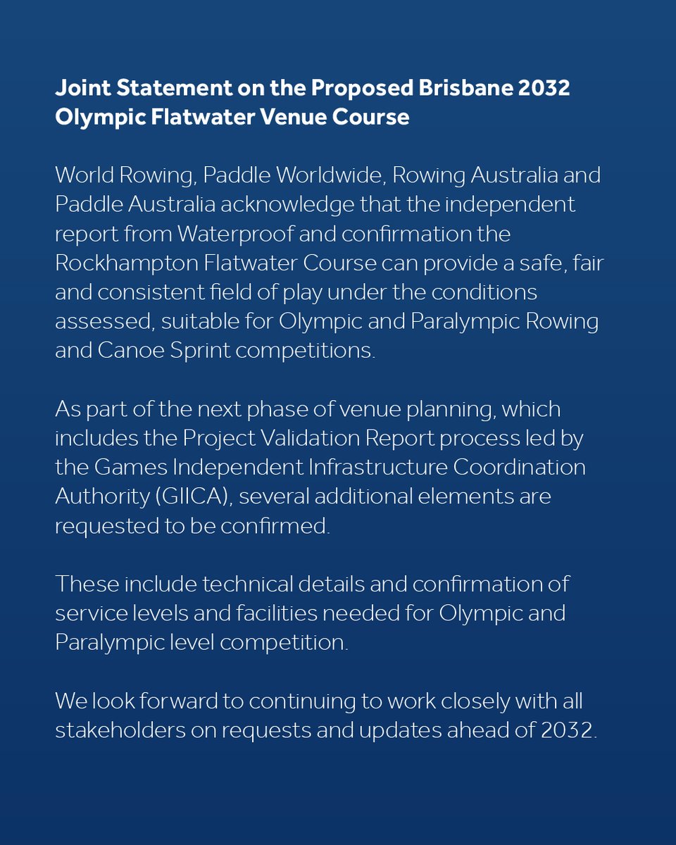 WorldRowing's tweet photo. 🚨 Joint Statement on the Proposed Brisbane 2032 Olympic Flatwater Venue Course https://t.co/r9bVeP24UD