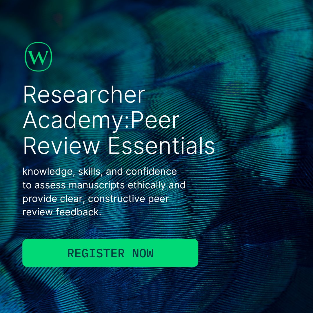 A textured background image with blue and green hues. Overlay text reads: "Researcher Academy: Peer Review Essentials" followed by a description about gaining knowledge, skills, and confidence for manuscript assessment and providing peer feedback. A green button at the bottom says "Register Now.