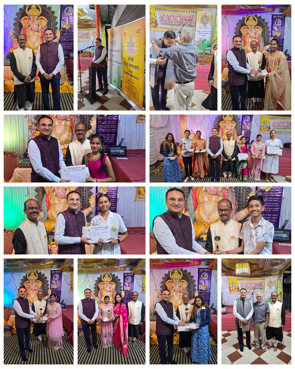 iccr_suva's tweet photo. 🇮🇳 हिंदी दिवस एवं पुरस्कार वितरण समारोह 🇫🇯

भारतीय उच्चायोग, सुवा एवं स्वामी विवेकानंद सांस्कृतिक केंद्र ने फिजी गणराज्य के शिक्षा मंत्रालय तथा फिजी हिंदू सोसायटी के सहयोग से फिजी सेवाश्रम संघ, सुवा में हिंदी दिवस एवं पुरस्कार वितरण समारोह का आयोजन किया।

भारत के उच्चायुक्त श्री सुनीत मेहता ने मुख्य अतिथि के रूप में समारोह को संबोधित करते हुए फिजी में हिंदी भाषा के प्रचार-प्रसार के लिए भारतीय उच्चायोग द्वारा किए जा रहे प्रयासों पर प्रकाश डाला तथा हिंदी पखवाड़ा 2026 के अंतर्गत आयोजित विभिन्न कार्यक्रमों की जानकारी दी।

इससे पूर्व, फिजी हिंदू सोसायटी के अध्यक्ष श्री सुमन्ता राउत ने अतिथियों एवं प्रतिभागियों का स्वागत किया।

समारोह में फिजी के शिक्षा मंत्रालय द्वारा राष्ट्रीय स्तर पर आयोजित हिंदी प्रतियोगिताओं के विजेताओं को पुरस्कार प्रदान किए गए। साथ ही, वर्ष 2025 में कक्षा 8, 12 एवं 13 में हिंदी विषय में सर्वोच्च अंक प्राप्त करने वाले विद्यार्थियों को भी सम्मानित किया गया।

इस अवसर पर स्वामी विवेकानंद सांस्कृतिक केंद्र के विद्यार्थियों ने मनमोहक सांस्कृतिक प्रस्तुतियाँ देकर कार्यक्रम को विशेष गरिमा प्रदान की।

यह आयोजन फिजी की युवा पीढ़ी में हिंदी भाषा एवं भारतीय संस्कृति के प्रति रुचि को प्रोत्साहित करने तथा भारत–फिजी के गहरे सांस्कृतिक संबंधों को और सुदृढ़ करने की दिशा में एक महत्वपूर्ण पहल रहा।

🇮🇳 Hindi Day and Awards Distribution Ceremony 🇫🇯

@HCI_Suva and @iccr_suva in collaboration with the Ministry of Education,Government of the Republic of Fiji and  Fiji Hindu Society, organised a Hindi Day and Awards Distribution Ceremony at the Fiji Sevashram Sangha, Suva.

High Commissioner Mr Suneet Mehta, graced the occasion as the Chief Guest. In his address, he highlighted the High Commission’s ongoing initiatives to promote the Hindi language in Fiji and outlined the various programmes being organised as part of Hindi Pakhwada 2026.

Earlier, Mr Sumanta Raut, President of the Fiji Hindu Society, welcomed the dignitaries, guests and participants.

During the ceremony, prizes were presented to the winners of national-level Hindi competitions organised by Fiji’s Ministry of Education. Students who secured the highest marks in Hindi in Years 8, 12 and 13 in 2025 were also felicitated.

Students of the Swami Vivekananda Cultural Centre presented vibrant cultural performances, adding colour and grace to the occasion.

The event marked another important initiative towards encouraging interest in Hindi language and Indian culture among Fiji’s younger generation and further strengthening the enduring cultural bonds between India and Fiji.

#HindiDiwas2026 #HindiPakhwada2026 #HindiInFiji #IndiaFijiFriendship #HCISuva #SVCCSuva #ICCR