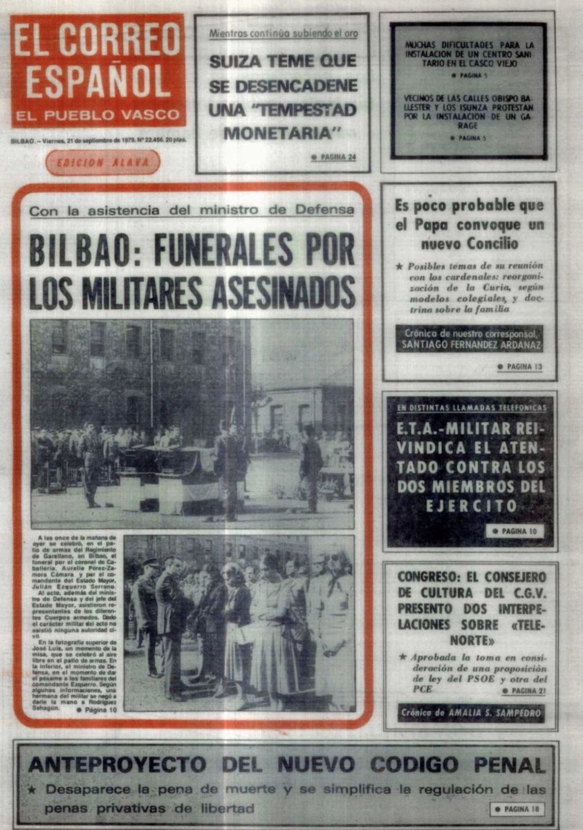 MemorialVT's tweet photo. 19/09/1979. Bilbao. Se cumplen 47 años del asesinato por ETA-m del coronel de Caballería @EjercitoTierra AURELIO PÉREZ-ZAMORA CÁMARA. Iba sentado en el asiento trasero. 3 terroristas ametrallaron el coche desde el lateral derecho y la parte de atrás, alcanzando a sus ocupantes. https://t.co/SbuNt2ChAF