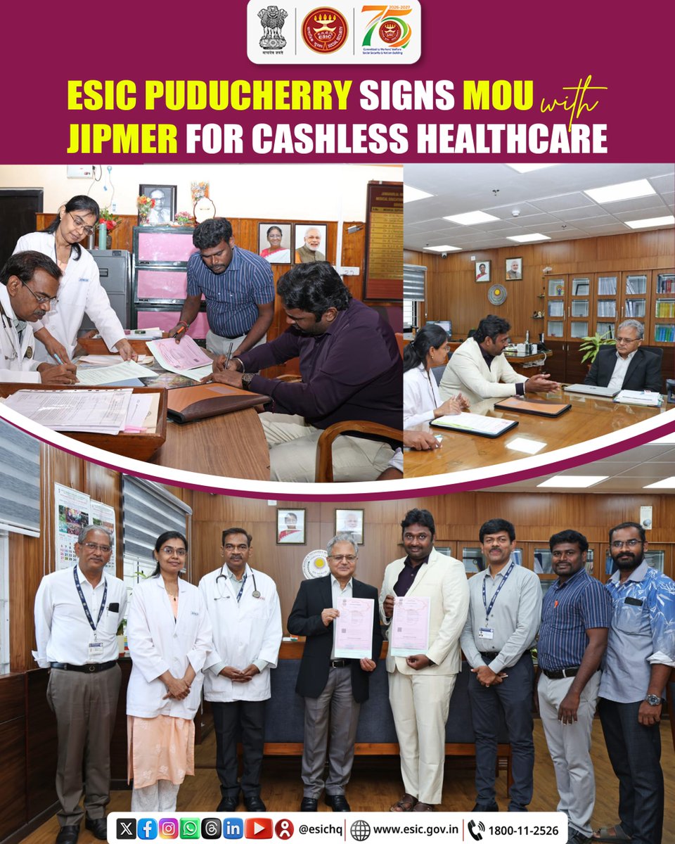 esichq's tweet photo. Strengthening access to quality healthcare through collaboration!

ESIC Puducherry has signed an MoU with JIPMER to provide cashless healthcare services to ESIC beneficiaries. The collaboration aims to ensure accessible, affordable and quality healthcare for ESIC beneficiaries, staff, pensioners and their dependents through JIPMER.

#ESIC #JIPMER #Healthcare #CashlessHealthcare #Puducherry #MoU