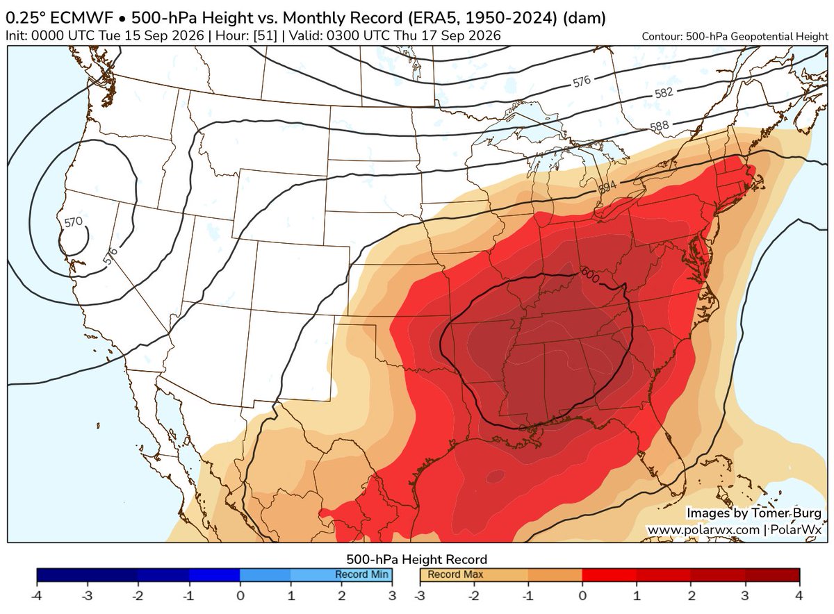 WeatherProf's tweet photo. It is a hot end to summer. Everyone under the red shading experienced the strongest upper level ridge/ heat dome on record in September. It’s a huge area. https://t.co/de6pv7oZeb