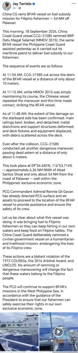 Chinaembmanila's tweet photo. Regarding the incident that occurred this morning at China's Xianbin Jiao in Nansha Qundao, who exactly is provoking and who is hyping it up? It is clearly the Philippine vessel that carried out an unprofessional maneuver, deliberately crossing in front of the Chinese vessel and causing the collision.

——Deputy Spokesperson of the Chinese Embassy Guo Wei