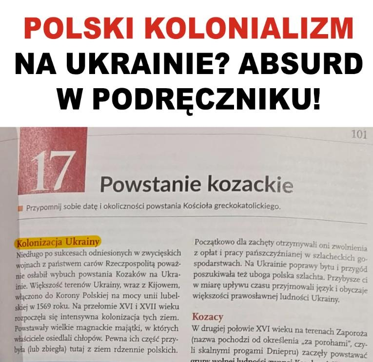 PUsiadek's tweet photo. ⁨Wasze dzieci uczą się w szkole o polskim kolonializmie❗

Podręcznik do historii dla klasy szóstej, strona 101. Śródtytuł brzmi: "Kolonizacja Ukrainy".

Tak dwunastolatek poznaje historię własnego kraju. Dziecko słyszy słowo "kolonizacja" i wie, co ono znaczy. Anglicy w Indiach. Belgowie w Kongu. Statki, kajdany, wywożone surowce.

Tylko że z Rzeczpospolitą to nie ma nic wspólnego. Nazwijmy ten fałsz po imieniu.

Nie było podboju. Te ziemie weszły do Korony w 1569 roku na mocy unii lubelskiej, aktem prawnym, przeniesione z Wielkiego Księstwa Litewskiego. Żadnej wojny, żadnego desantu.

Nie było państwa, które można by skolonizować. W XVI wieku nie istniała Ukraina jako kraj. Samo słowo oznaczało pogranicze, kresy, ziemie u kraju państwa. Teoria narodu ukraińskiego powstała w oparciu o to słowo dużo później.

Nie było metropolii i kolonii. Ruska szlachta miała w Rzeczypospolitej te same prawa co polska. Wiśniowieccy, Ostrogscy i Zbarascy nie byli tubylcami pod zarządem obcych, tylko należeli do ścisłej elity państwa. Zasiadali w Senacie i dowodzili jego armiami.

Nie było też żadnego narzucania kultury polskiej. Było osadnictwo pustych przestrzeni, które zostawili łupiący tę część Europy Tatarzy.

Dziecko dostaje nagłówek sugerujący polską winę, bez potrzebnego kontekstu. Nagłówek zapamięta. O kontekst nie zapyta.

I dokładnie o to chodzi.⁩