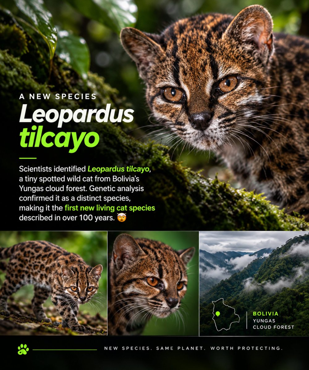 CannabisGoon's tweet photo. 🚨 A NEW CAT SPECIES JUST DROPPED! 
🐆 Scientists identified Leopardus tilcayo, a tiny spotted wild cat from Bolivia’s Yungas cloud forest. Genetic analysis confirmed it as a distinct species, making it the first new living cat species described in over 100 years. https://t.co/IoV4b7BWNF