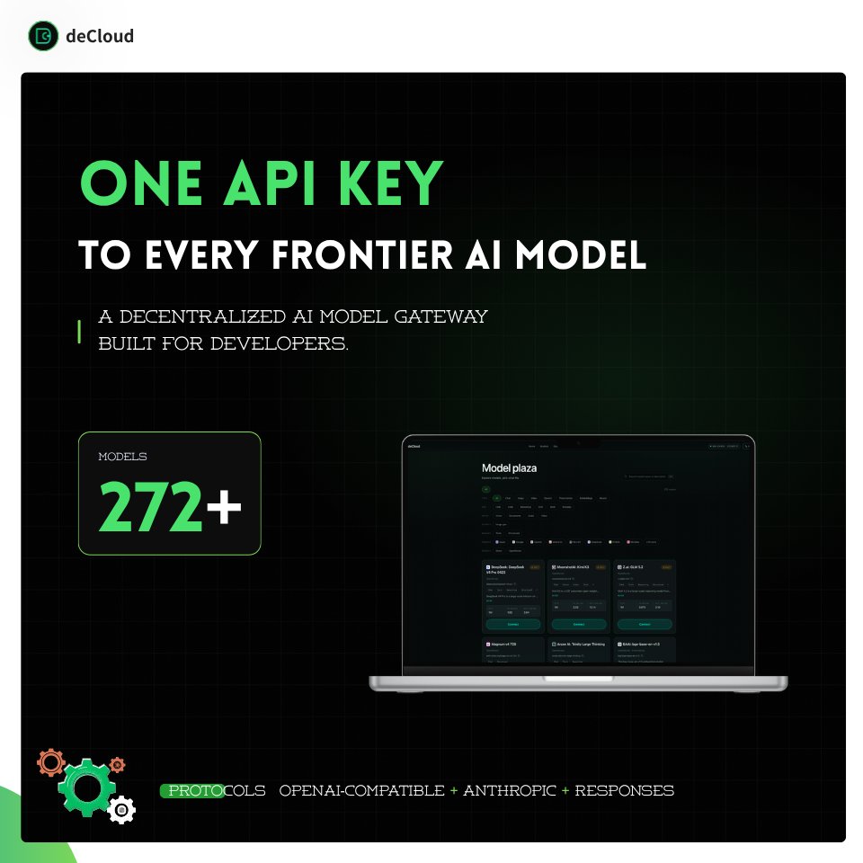 decloud_ai's tweet photo. #decloud 🟩 The model you build on will change. Your code shouldn't have to.

Swap base_url + API key and your existing OpenAI code runs as-is — #Claude Code, #Codex, #Cursor, any agent. 🛠️

Pay per token; upstream failures aren't charged.

https://t.co/FpVCEfVkU3 https://t.co/jkNlC1A1Fr