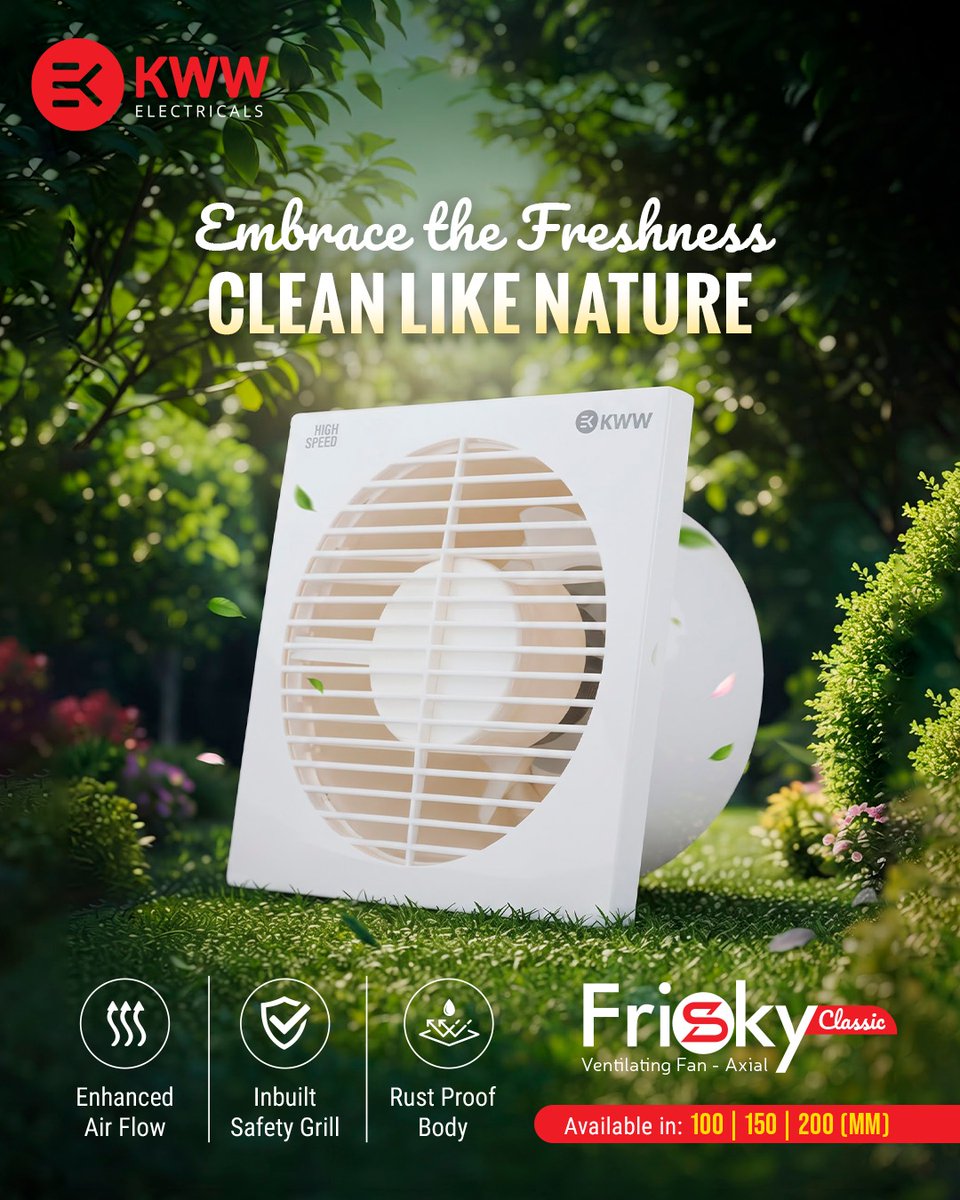 kww_electricals's tweet photo. The KWW Frisky Classic Ventilating Fan combines enhanced airflow, an inbuilt safety grill, and a rust-proof body for dependable everyday ventilation.
#exhaustfan #frisky #ventilatingfan #electricappliances #Ecofriendly #kwwelectricals #KWW https://t.co/H6xvFg8yPL https://t.co/5nemORknOX
