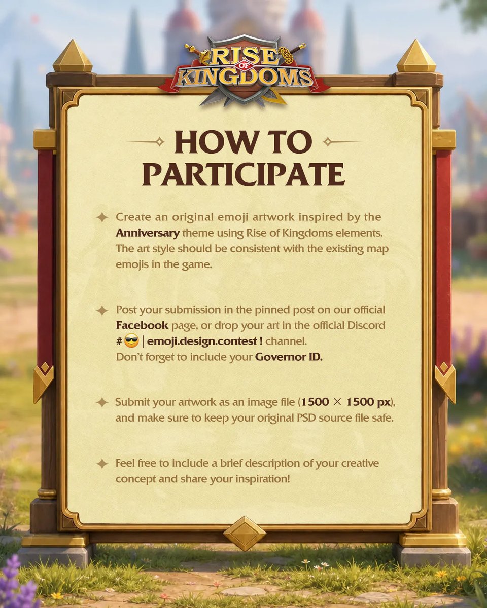 riseofkingdoms's tweet photo. 🔥ROK ANNIVERSARY EMOJI CONTEST STARTS!🎉
It's time to express yourself in your own way on the map!
⏰ Deadline for submission: Oct 8, 2026
📝 Please check the images for more details! https://t.co/4QX7CcW6rw