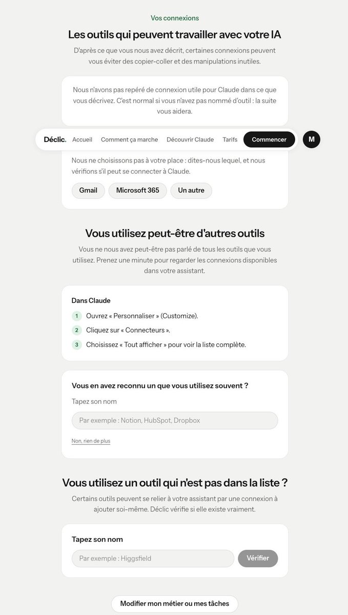 Rose_vui7's tweet photo. JOUR 2 : BUILD IN PUBLIC 🧠

Nouvelle étape pour Déclic : l’ajout des connecteurs et plugins dans le cerveau du produit est terminé, y compris les connexions personnalisées.

Concrètement, ça apporte quoi ?

Le parcours peut désormais intégrer des étapes pour apprendre à relier l’IA à tes outils de travail.

Par exemple, comprendre comment une connexion à ta messagerie peut aider l’IA à retrouver une information ou à préparer une réponse

L’idée : te guider sur les outils à connecter, leur utilité et la marche à suivre. Avec des explications accessibles, même si tu n’as jamais fait ça.

Déclic aide les 40–50 ans à utiliser l’IA dans leur quotidien professionnel, sans jargon. Tu renseignes ton métier et tes tâches pour obtenir un parcours personnalisé, étape par étape.

Je cherche les premiers bêta-testeurs pour vérifier que les explications sont claires et utiles.

Tu veux tester gratuitement ? Écris « DÉCLIC » en commentaire.