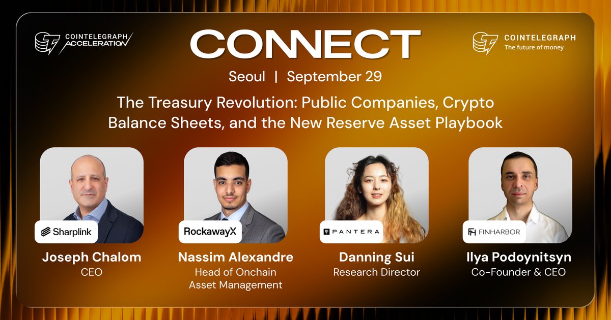 Cointelegraph's tweet photo. Crypto is moving from an investment to a balance sheet strategy.

At Cointelegraph CONNECT Seoul, industry leaders will unpack how public companies are approaching digital asset treasuries and the new reserve asset playbook.

• @joechalom, CEO, @Sharplink 
• @GilgameshODs, Head of Onchain Asset Management, @RockawayX 
• @sui414, Research Director, @PanteraCapital 
• Ilya Podoynitsyn, Co-Founder & CEO, FinHarbor

Sept. 29 | Seoul

🇰🇷 Join here: https://t.co/Muulie1n8n