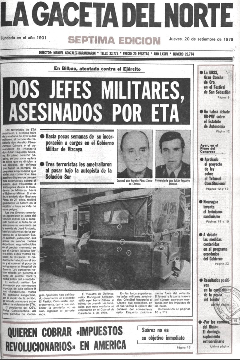 MemorialVT's tweet photo. 19/09/1979. Bilbao. Se cumplen 47 años del asesinato por ETA-m del comandante de Infantería @EjercitoTierra JULIÁN EZQUERRO SERRANO. El vehículo oficial fue objetivo de una emboscada cuando se dirigía con un coronel al Gobierno Militar de Vizcaya, desde el cuartel de Garellano. https://t.co/B4Byec9DDL