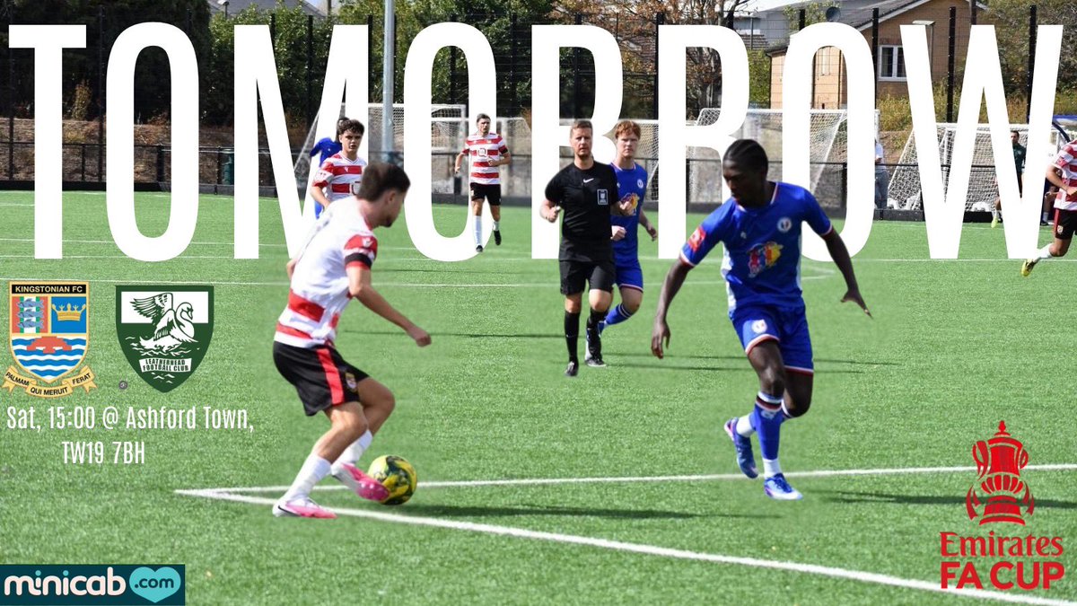 KingstonianFC's tweet photo. TOMORROW… 🏆🔴⚪️

FA Cup football tomorrow as we welcome @LeatherheadFC to @ashfordtownmx Robert Parker Stadium for the Second Qualifying Round.

See you there! 🇦🇹

⏰ 3:00pm
📍 Robert Parker Stadium

#KingstonianFC #FACup https://t.co/pdDRzH6cy9