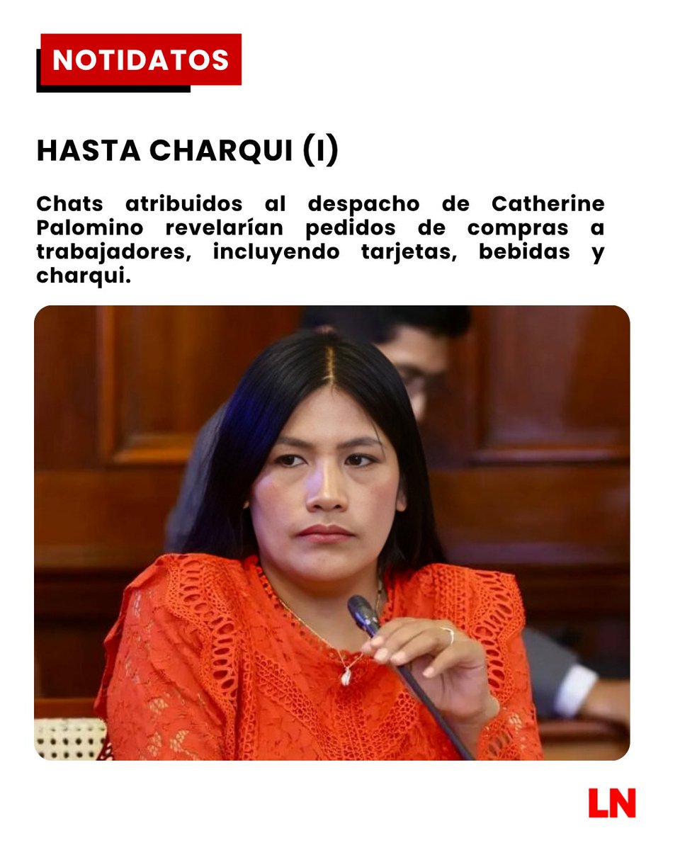 lanoticiaperu_'s tweet photo. #NotiDatos | HASTA CHARQUI (I)
Chats atribuidos al despacho de Catherine Palomino revelarían pedidos de compras a trabajadores, incluyendo tarjetas, bebidas y charqui.
Más información 👇
https://t.co/mJXwqlL6Ya https://t.co/XLtPYWEoOP