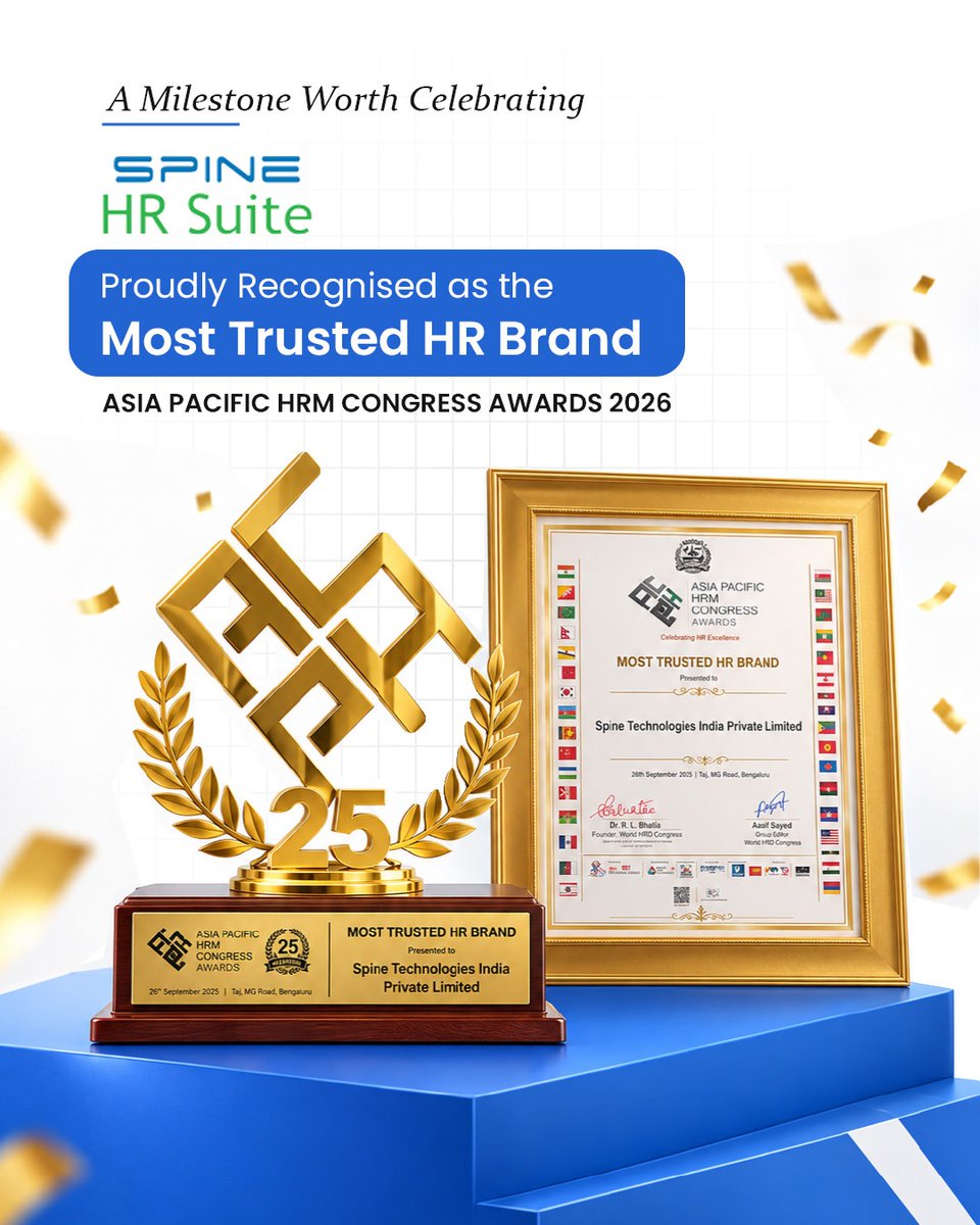spinetechit's tweet photo. Proud to share that Spine HR Suite has been recognised as the Most Trusted HR Brand at the Asia Pacific HRM Congress Awards 2026! 🏆

A milestone built on the trust of our clients, partners, and team.

#SpineHRSuite #HRMS #HRTech #AsiaPacificHRMCongress https://t.co/K3xeI2zdGJ