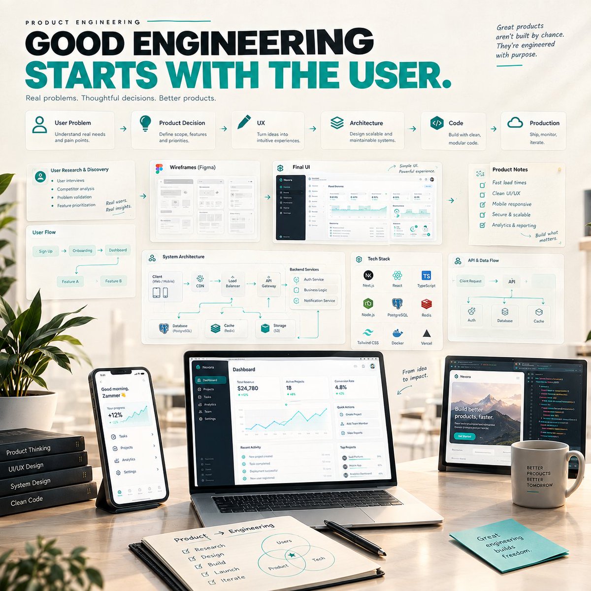 CatheriDev's tweet photo. GOOD ENGINEERING STARTS WITH THE USER. 
Great products don’t begin with code.
They begin with understanding the problem worth solving.
My product-engineering workflow:
#ProductEngineering #ProductDesign #SoftwareEngineering #UXDesign #UIDesign #SystemDesign #FullStackDeveloper https://t.co/LlwkMc0yhf