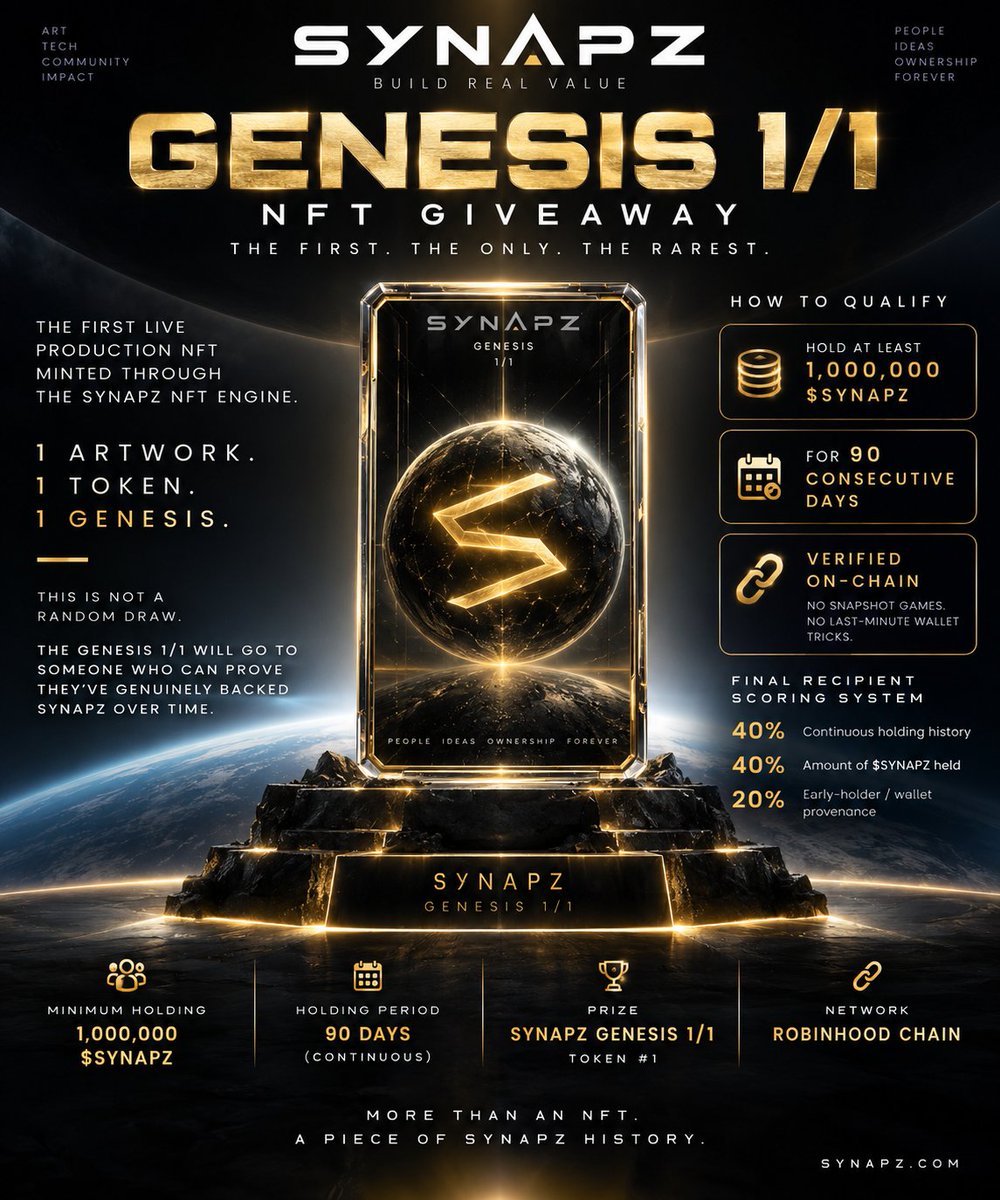 synapz_group's tweet photo. 🚨 SYNAPZ GENESIS 1/1 — FULL QUALIFICATION RULES

This is the rarest SYNAPZ NFT that will ever exist.

1 artwork. 1 token. 1 Genesis.

To qualify, your wallet must hold at least:

1,000,000 $SYNAPZ
for 90 consecutive days. 🧬

Your balance must stay above the 1M threshold for the full qualification period — no snapshot games, no borrowing tokens for a day, no moving them in at the last minute.

The final recipient will be chosen using a transparent on-chain scoring system:

• 40% — continuous holding history
• 40% — amount of $SYNAPZ held
• 20% — early-holder / wallet provenance

Everything will be verified on-chain.
No bots.
No fake engagement.
No random draw.
No favourites.

The Genesis 1/1 goes to the holder who can prove the strongest long-term conviction.

Minimum: 1,000,000 $SYNAPZ
Holding period: 90 days
Prize: SYNAPZ Genesis 1/1 — Token #1
Network: Robinhood Chain
The qualification clock begins when the official start announcement and full terms go live.

🔗 https://t.co/8gvzybc3uO⁠�

#SYNAPZ #Genesis #NFT #OneOfOne #1of1 #RobinhoodChain #Web3 #Crypto #NFTGiveaway