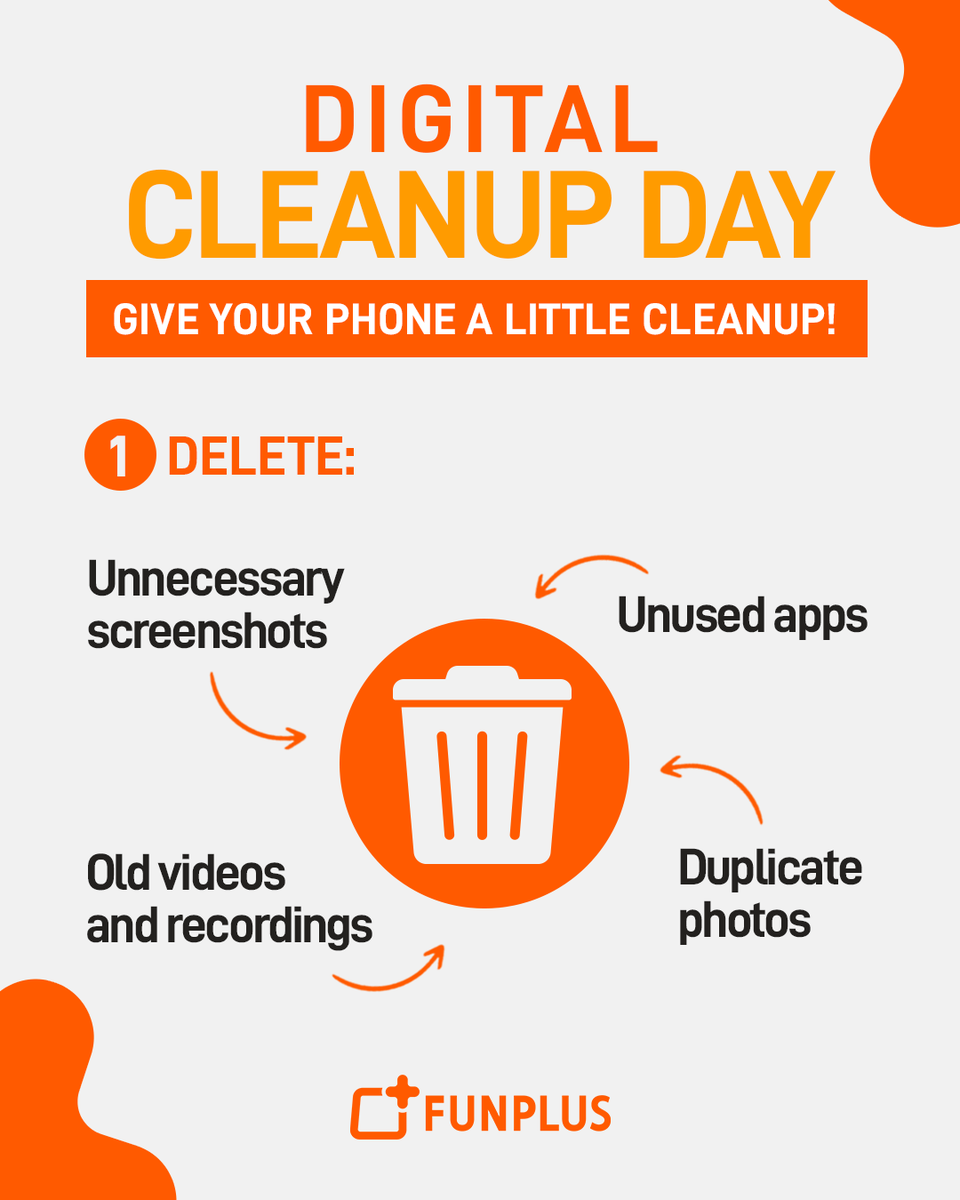 FunPlusGames's tweet photo. 🧹It’s Digital Cleanup Day, and it’s time to clear out the digital clutter! Swipe to learn how you can clean up your device, and let us know how clean your phone is right now. 

#WorldCleanUpDay https://t.co/b1D73AzgUC