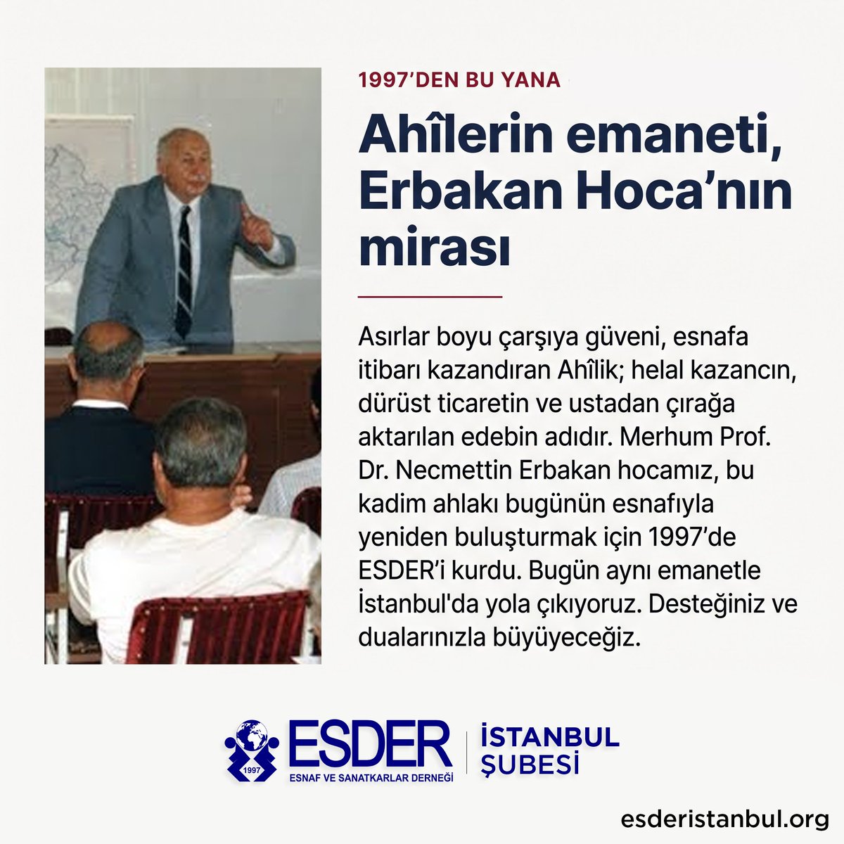 esderistanbul's tweet photo. Bugünkü Cuma hutbesinde Ahîlik ahlakı hatırlatıldı. Helal kazanç, dürüst ticaret ve kul hakkı esnafımızın asırlık ilkeleridir.
Merhum Prof. Dr. Necmettin Erbakan'ın 1997'de kurduğu ESDER, bu ilkelerin temsilcisi olma sorumluluğunu taşımaktadır. https://t.co/wA13TNENg8