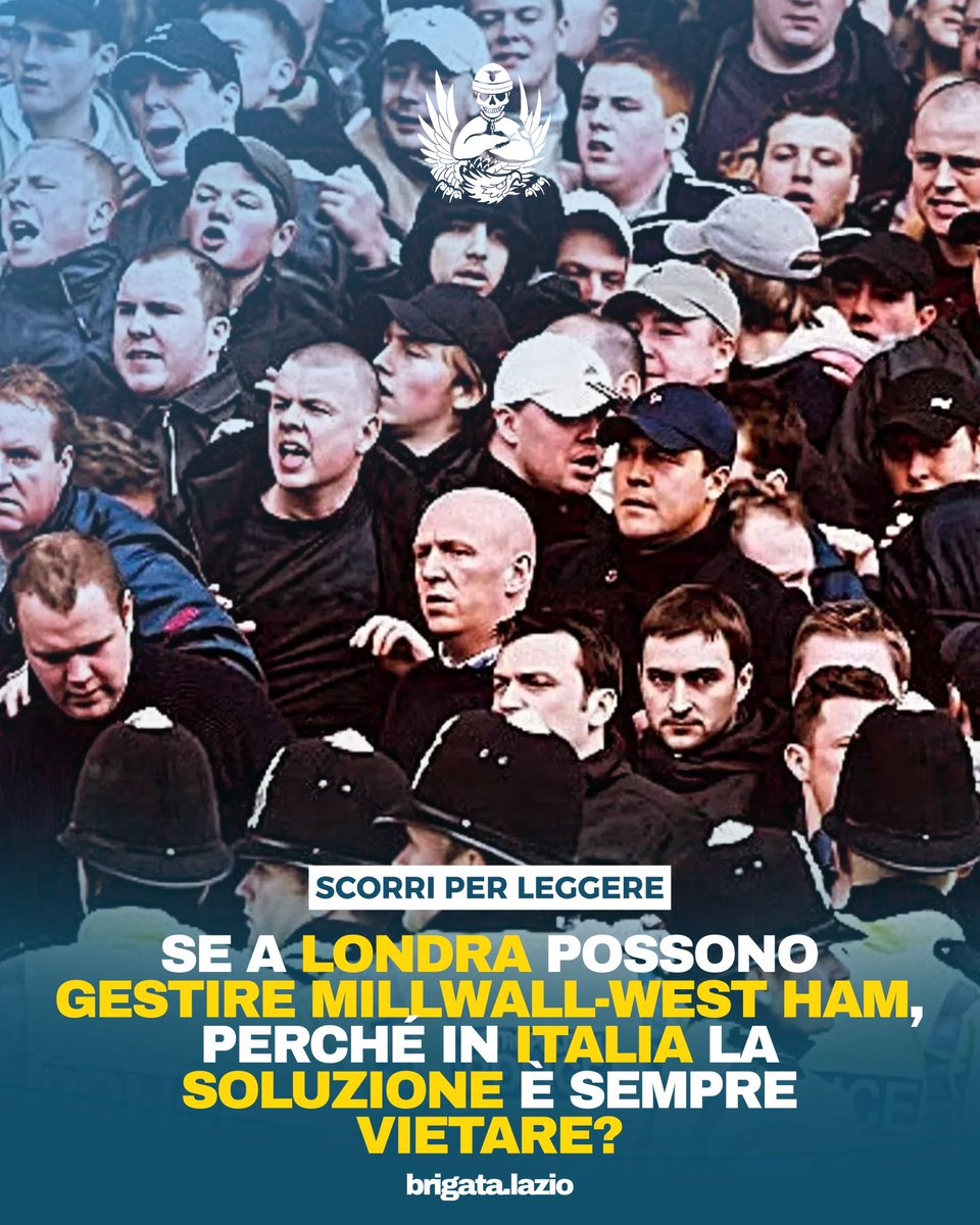 BrigataLazio's tweet photo. A Londra, per Millwall–West Ham, una delle rivalità più dure del calcio inglese, saranno presenti 1.774 tifosi ospiti. Controlli straordinari, percorsi separati, centinaia di agenti. Ma si gioca con entrambe le tifoserie.

In Italia, per Venezia–Lazio, il settore ospiti viene invece ridotto a 500 posti. E per i Laziali è soltanto l’ennesimo episodio dopo anni di trasferte vietate, limitazioni e settori ridotti.

La sicurezza viene prima di tutto. Ma proprio per questo la domanda è inevitabile: quando “sicurezza” diventa semplicemente il modo più comodo per non saper gestire?

Organizzare, controllare e prevenire richiede lavoro. Vietare è molto più semplice.

E quando davanti a un problema la risposta diventa sistematicamente limitare una libertà invece di trovare il modo di garantirla in sicurezza, non è più soltanto una questione da tifosi.
